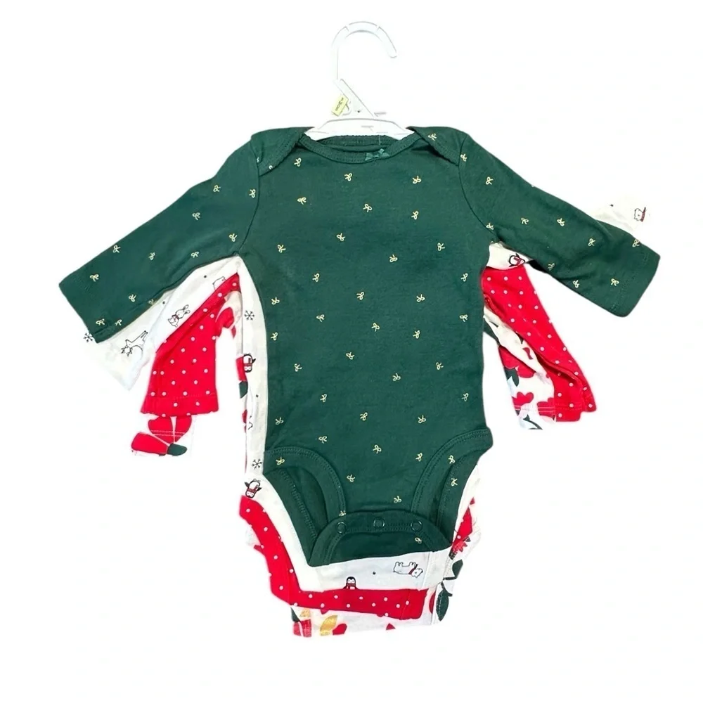 Carter’s NWT 4-Pack Christmas Bodysuits Long Sleeve Girls NB 3M